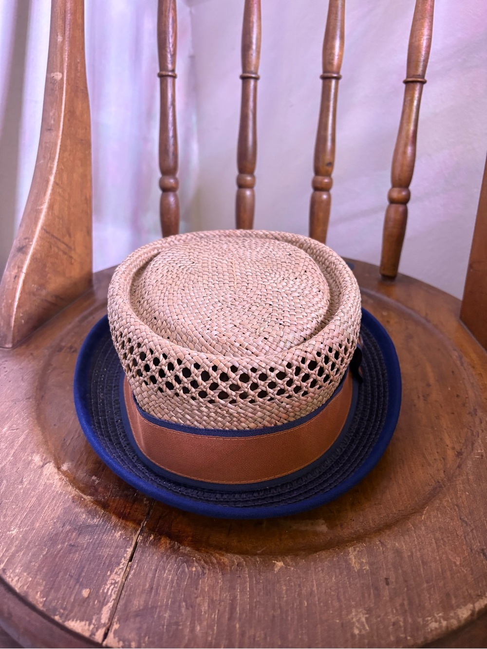 Brixton Natural Straw Pork Pie with Navy Brim and Brown Band